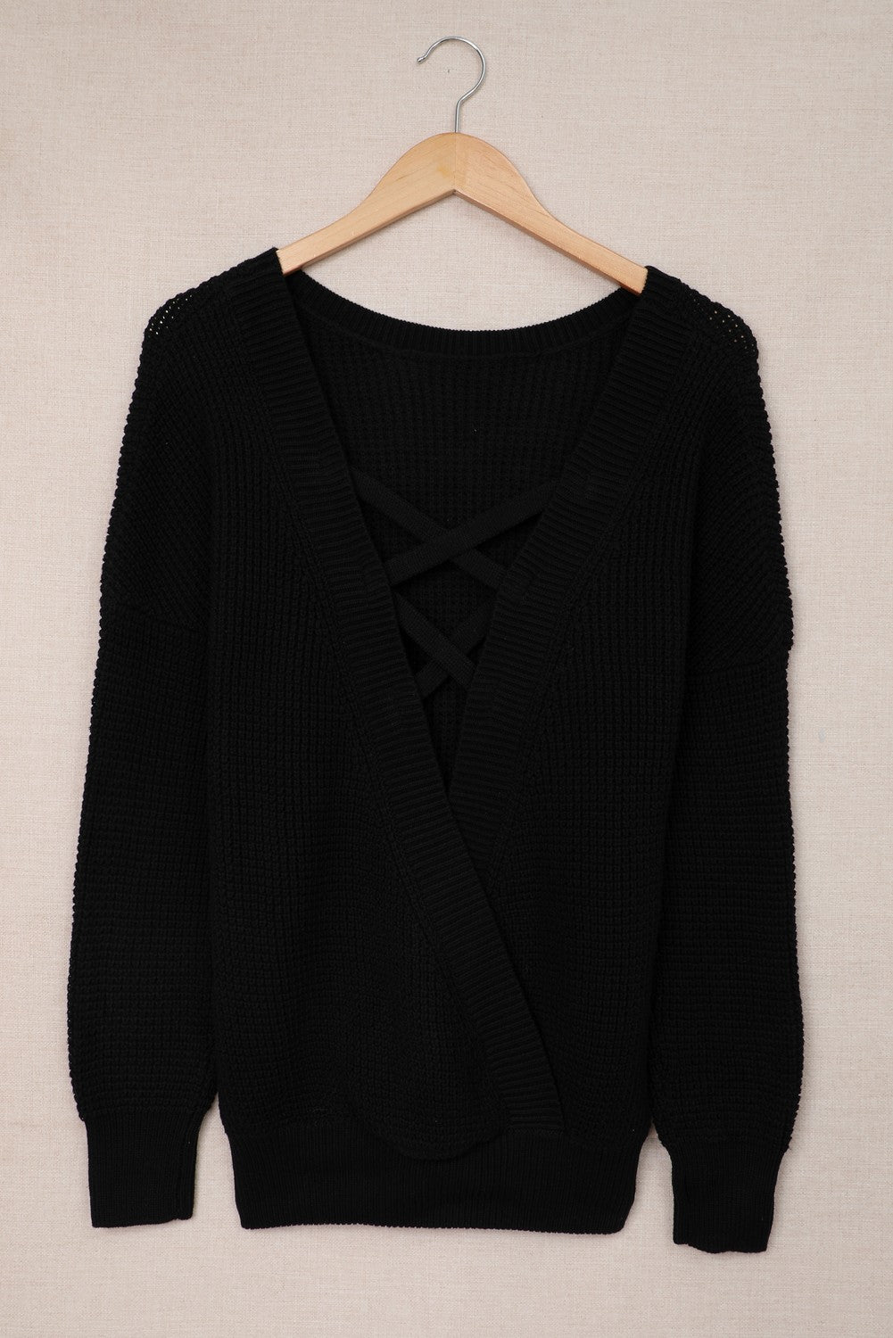 Black Cross Back Hollow-out Sweater