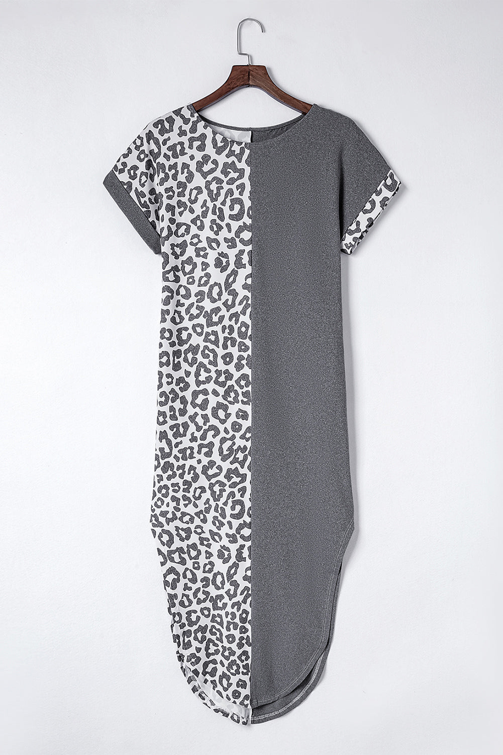 Gray Contrast Solid Leopard Short Sleeve T-shirt Dress with Slits