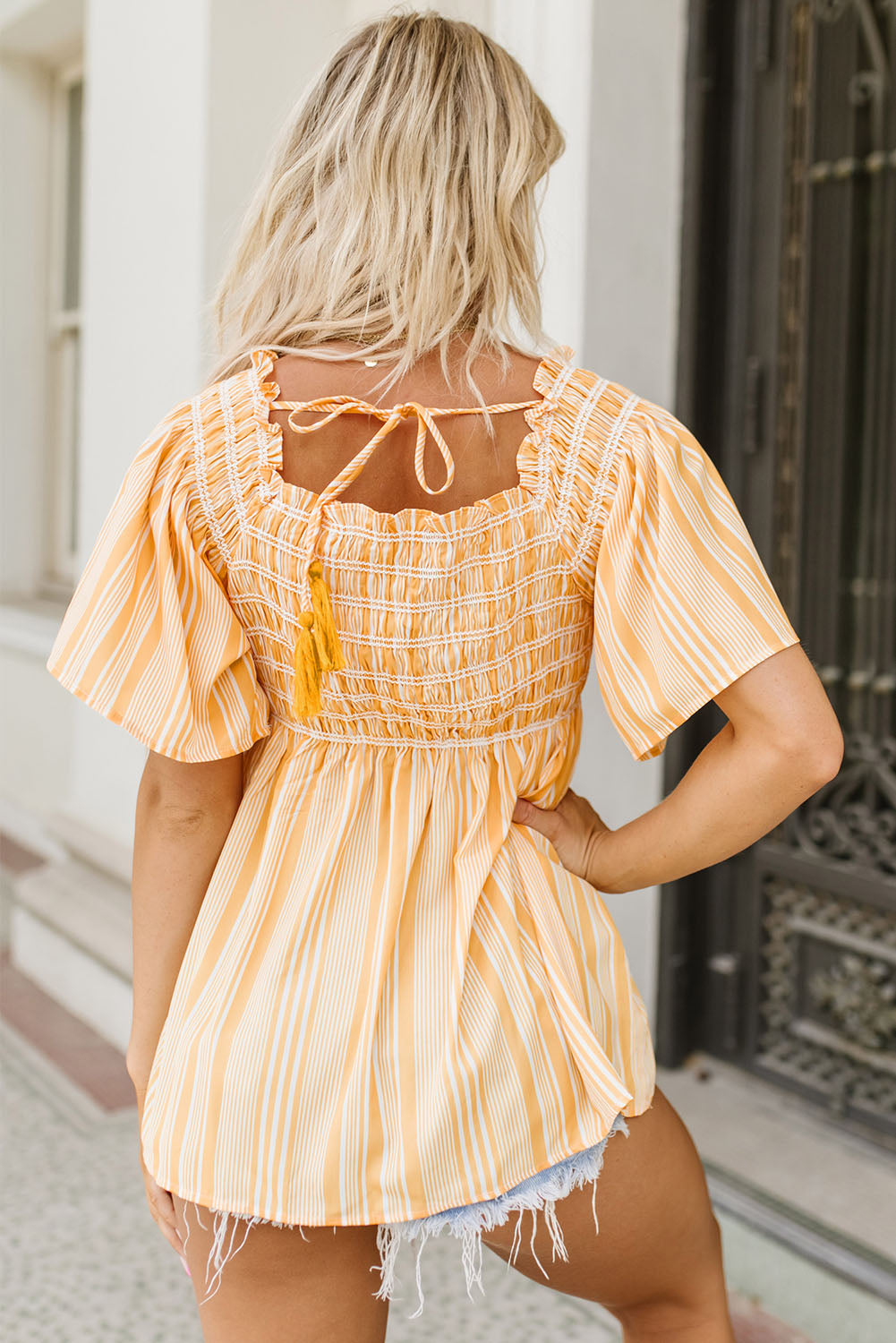 Yellow Striped Print Smocked Flowy Blouse