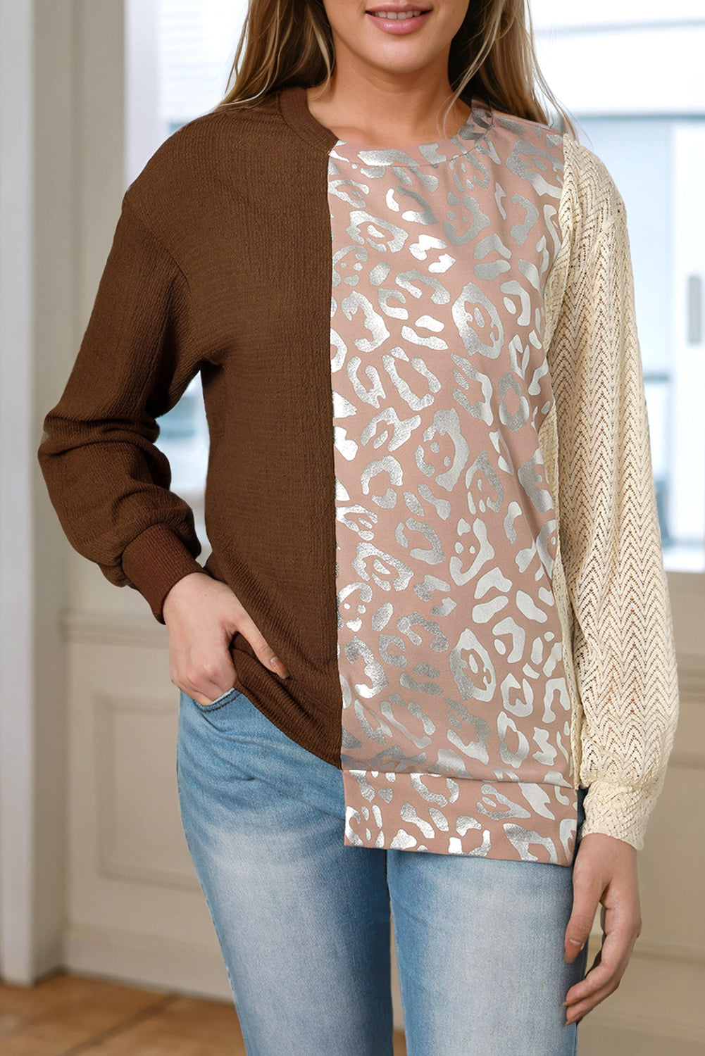 Brown Glitter Leopard Patchwork Crew Neck Long Sleeve Top