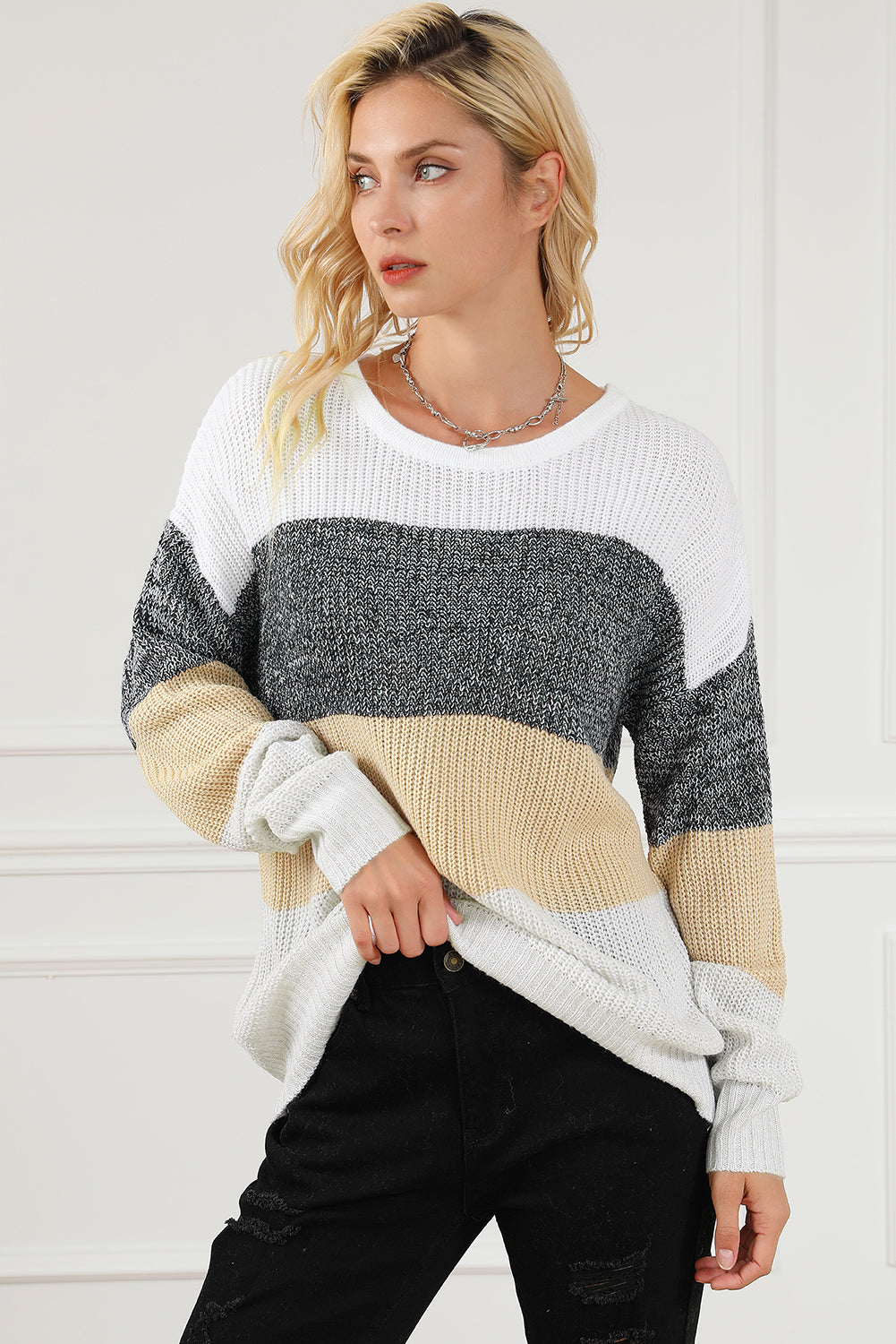 Multicolour Color Block Drop Shoulder Knit Sweater