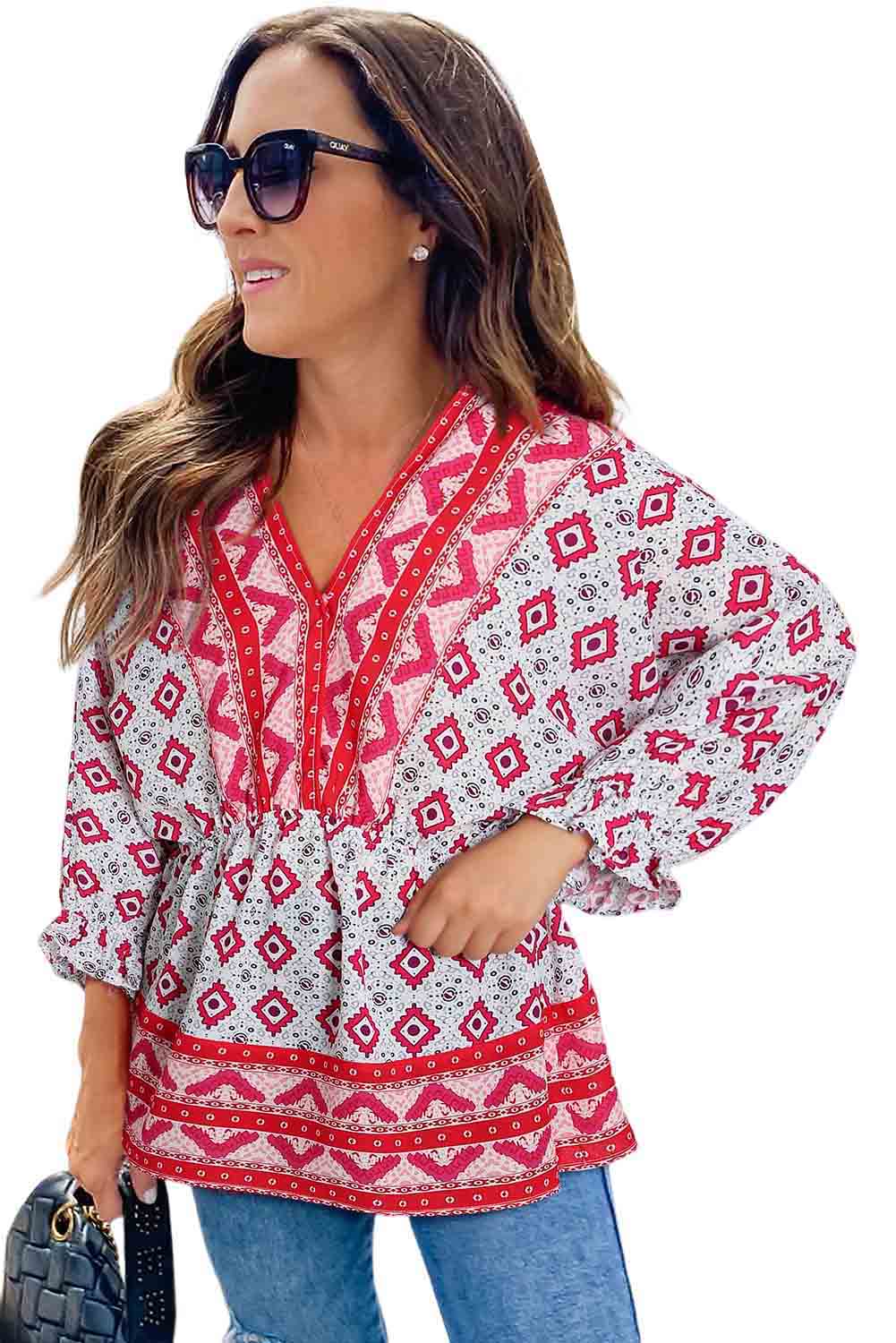 Fiery Red Geometric Print 3/4 Sleeve V-Neck Shirred Waist Flared Blouse