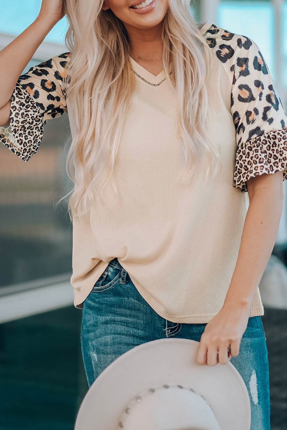 Mixed Leopard Ruffle Sleeve Waffle Knit Top