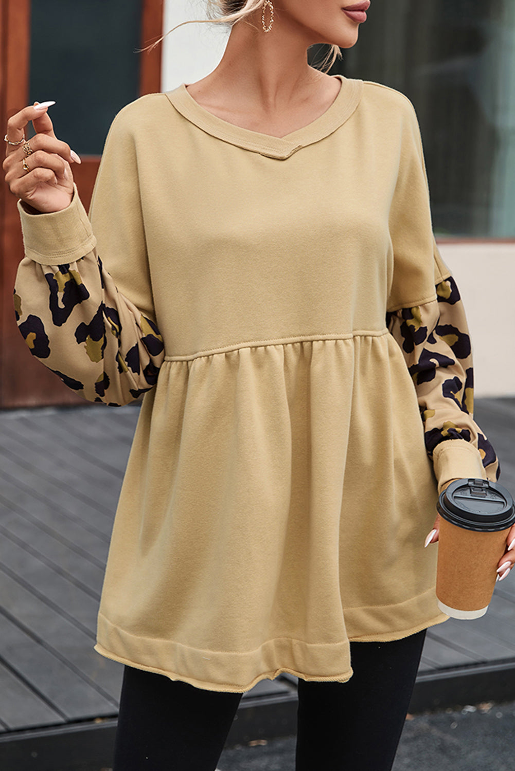 Khaki Leopard Splicing Sleeve Ruffle Loose Sweatshirt