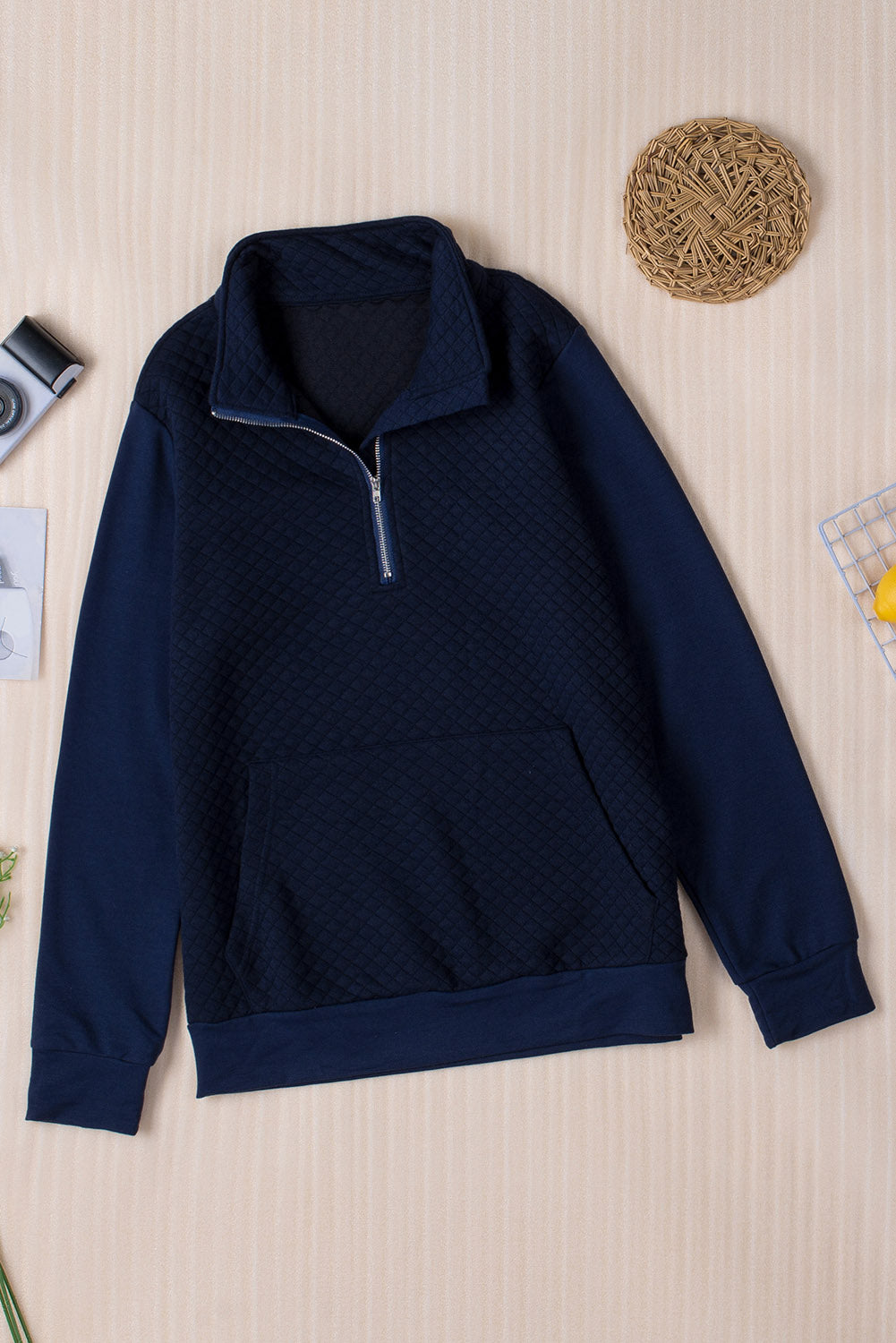 Navy Stand Neck Waffle Zip up Sweatshirt