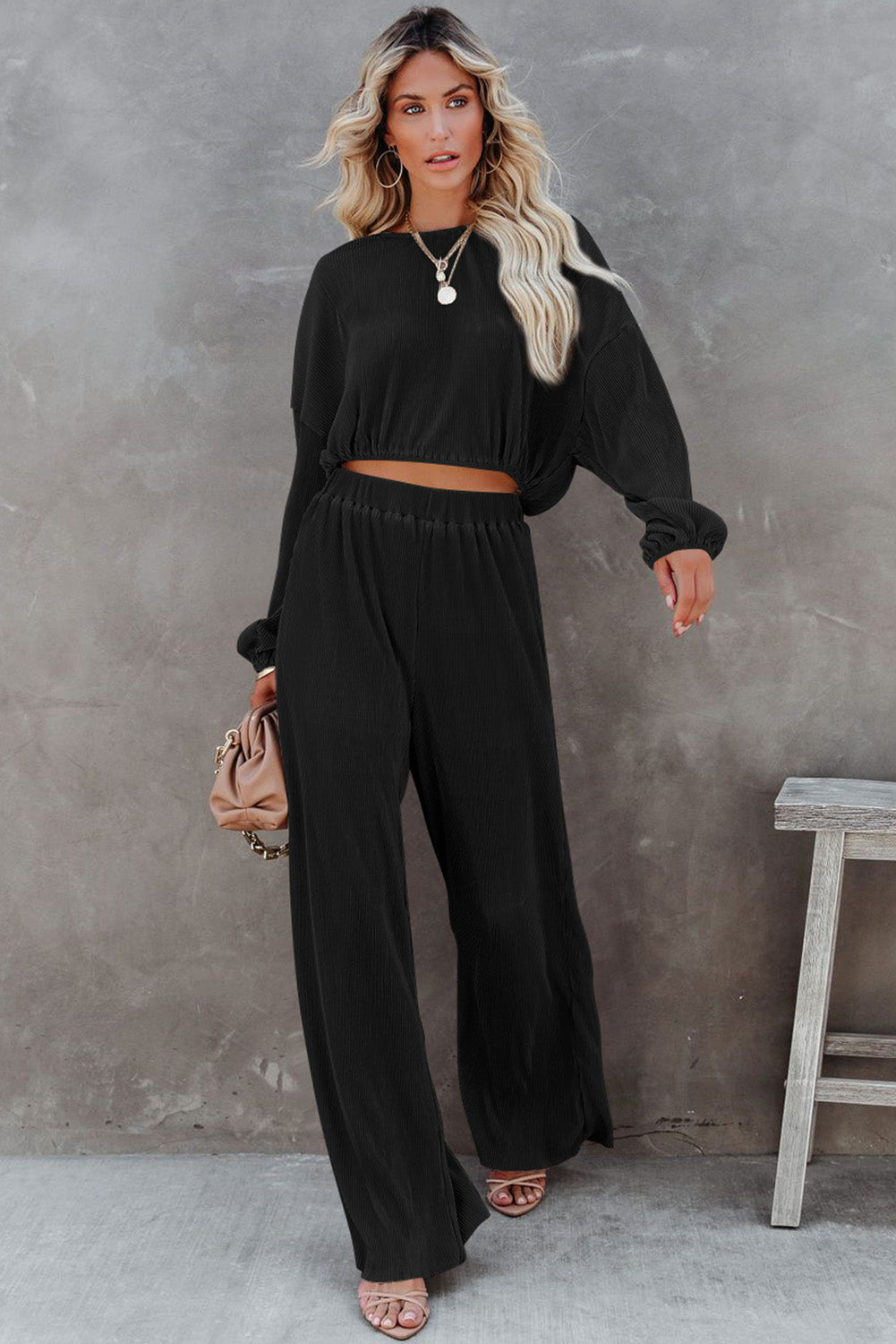 Black Corded Cropped Pullover and Wide Leg Pants Set