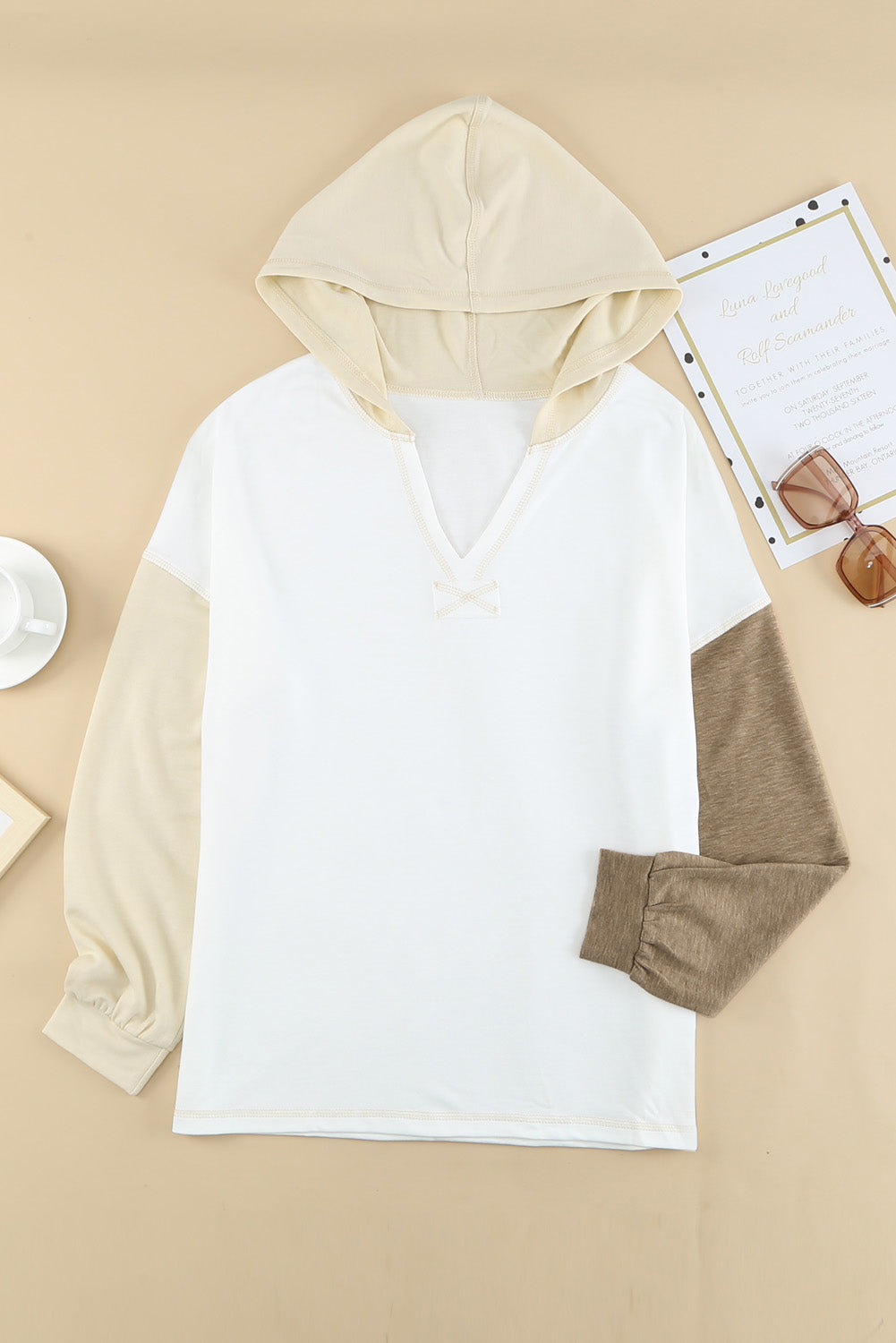 Khaki Colorblock V Neck Long Sleeve Hoodie