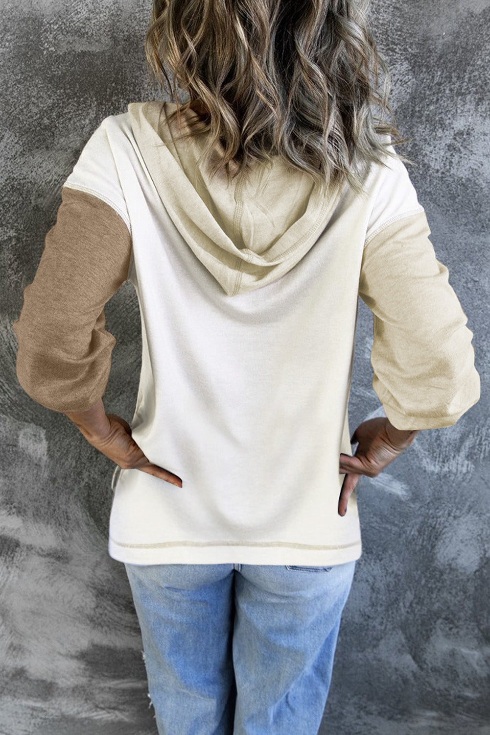 Khaki Colorblock V Neck Long Sleeve Hoodie