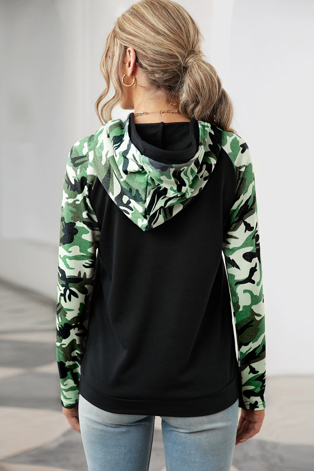 Camouflage Print Raglan Sleeve Hoodie