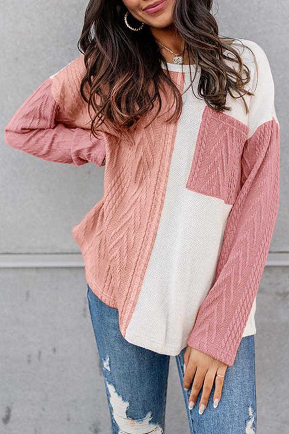 Peach Blossom Long Sleeve Colorblock Chest Pocket Textured Knit Top