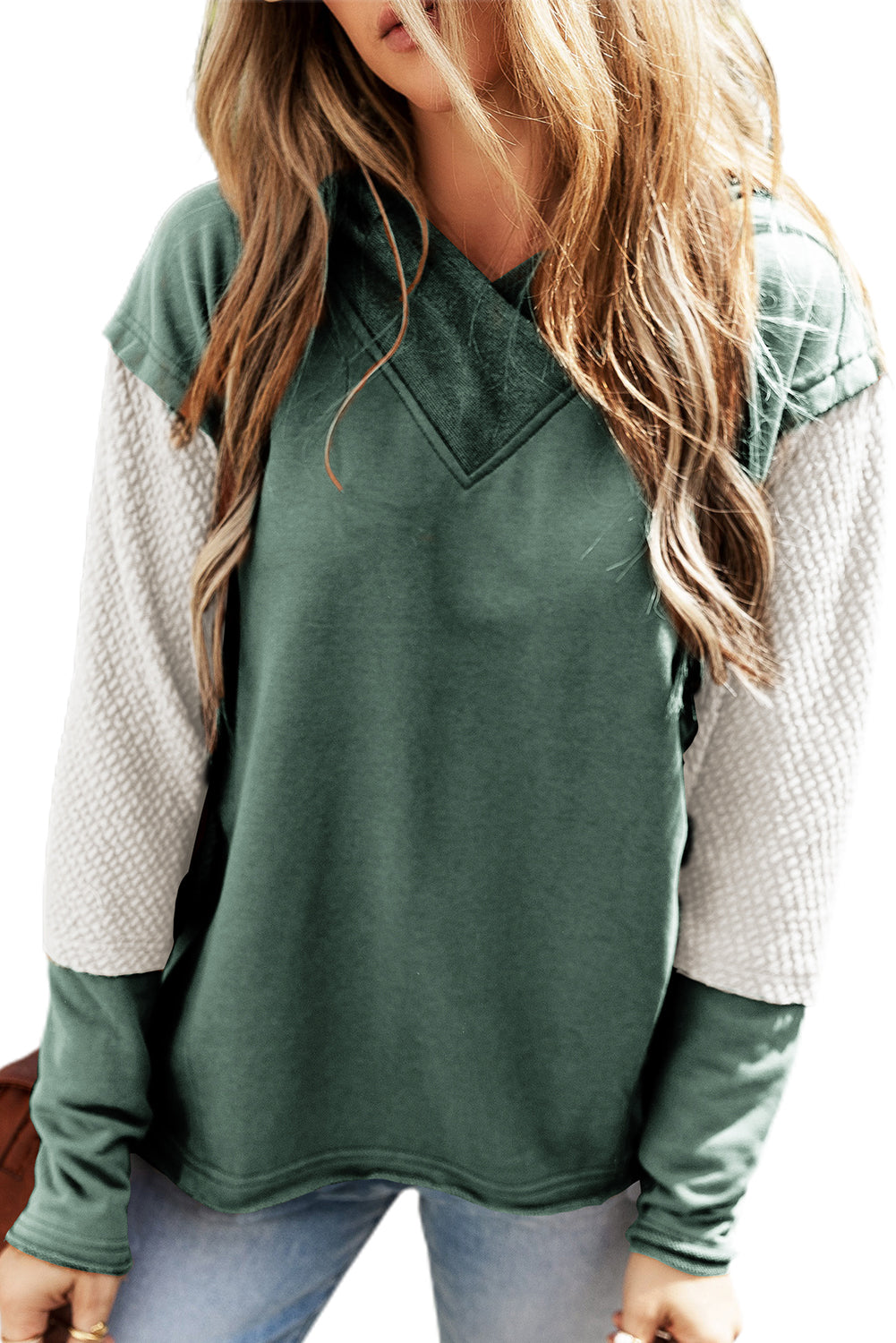 Mist Green Contrast Sleeves Patchwork Colorblock Hoodie