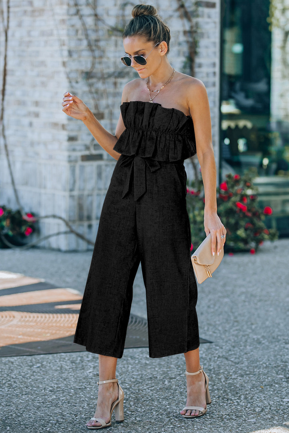 Black Ruffled Strapless Wide Leg Jumpsuit