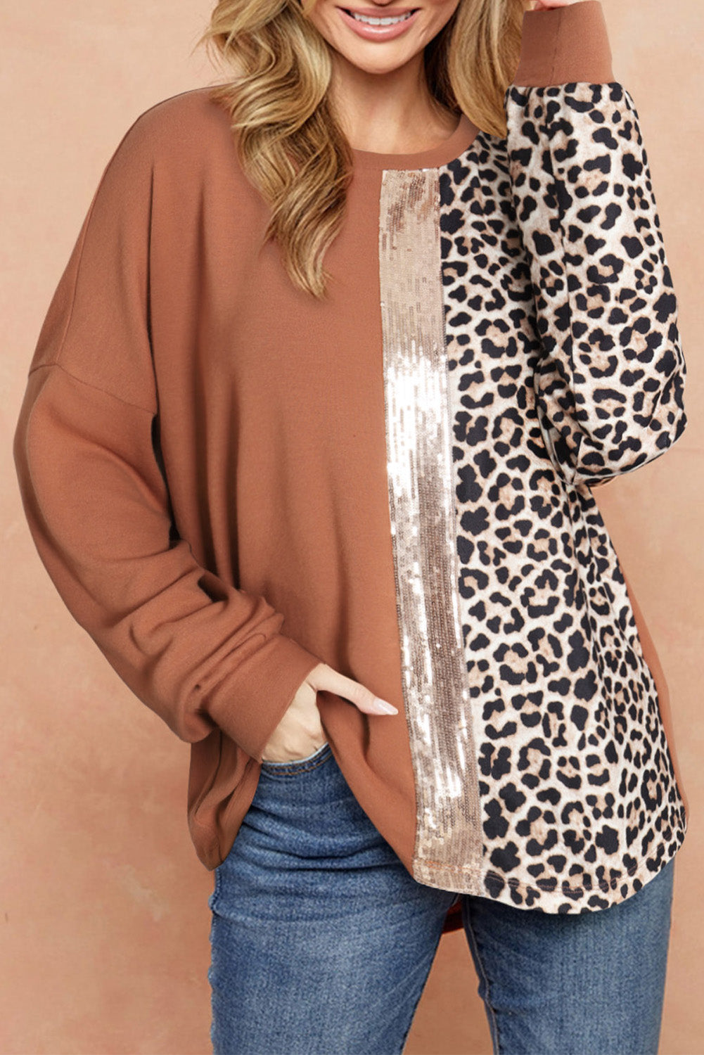 Gold Flame Leopard Print Sequin Colorblock Long Sleeve Top