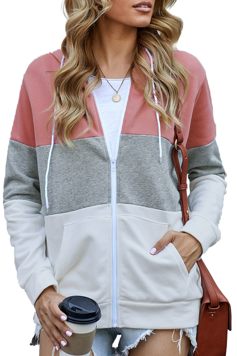 Pink Zip Front Color Block Splicing Drawstring Hoodie