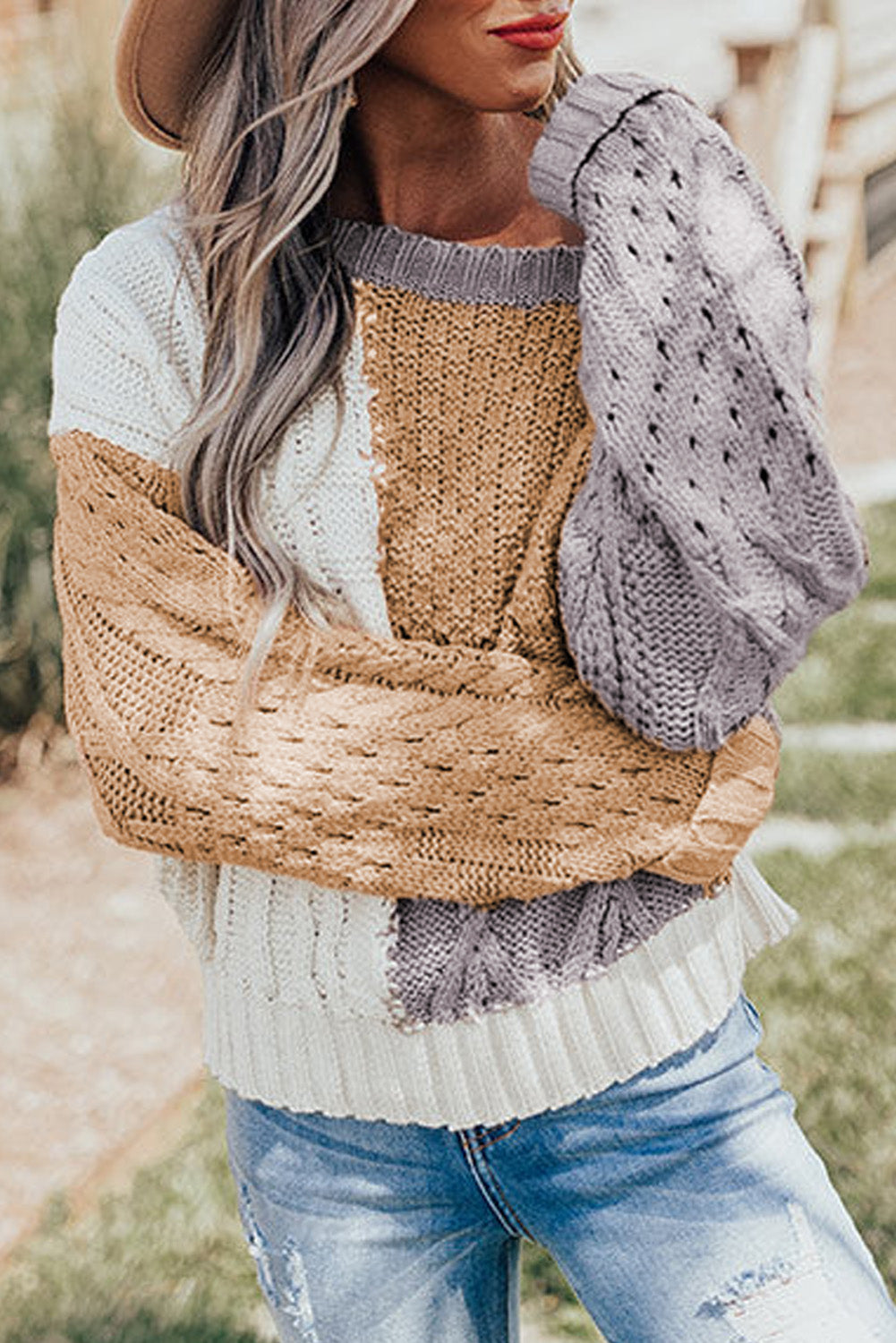 Brown Colorblock Mixed Textured Sweater