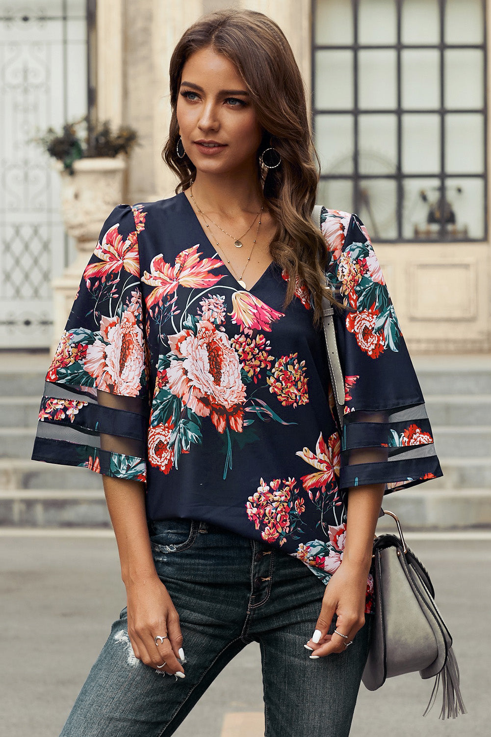 Fiery Red 3/4 Flared Sleeve Floral Blouse