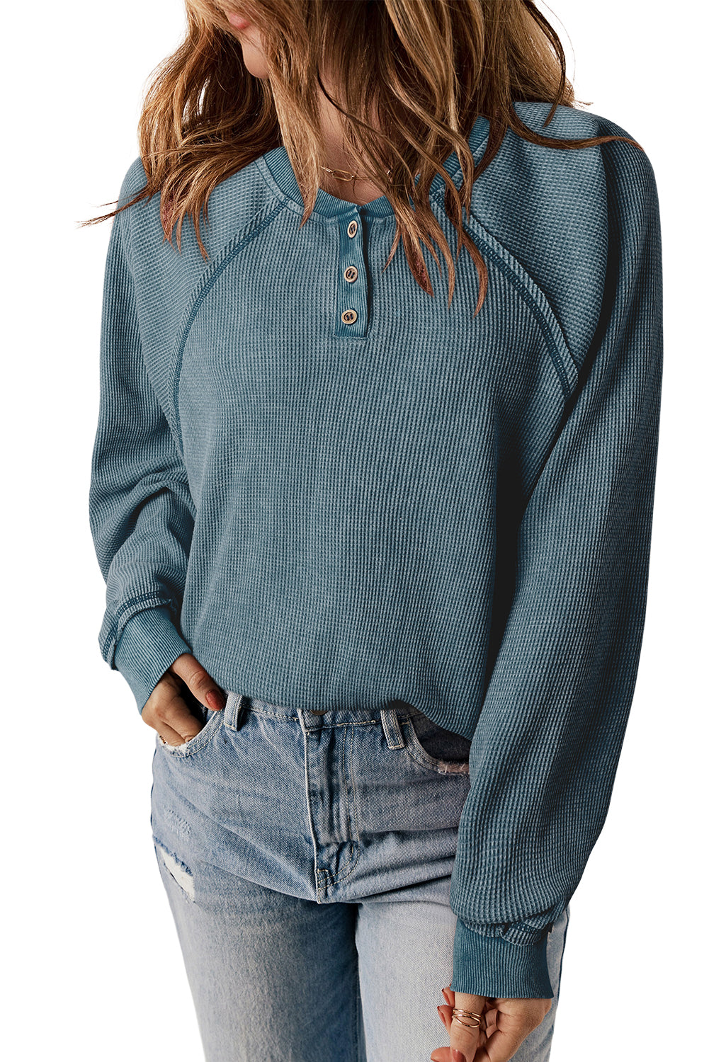 Sea Green Waffle Knit Raglan Sleeve Henley Sweatshirt