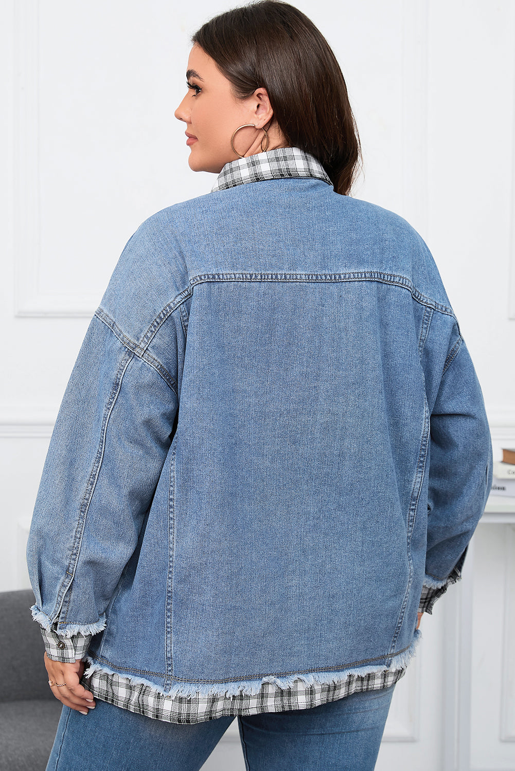 Sky Blue Plaid Hem Splicing Plus Size Denim Jacket