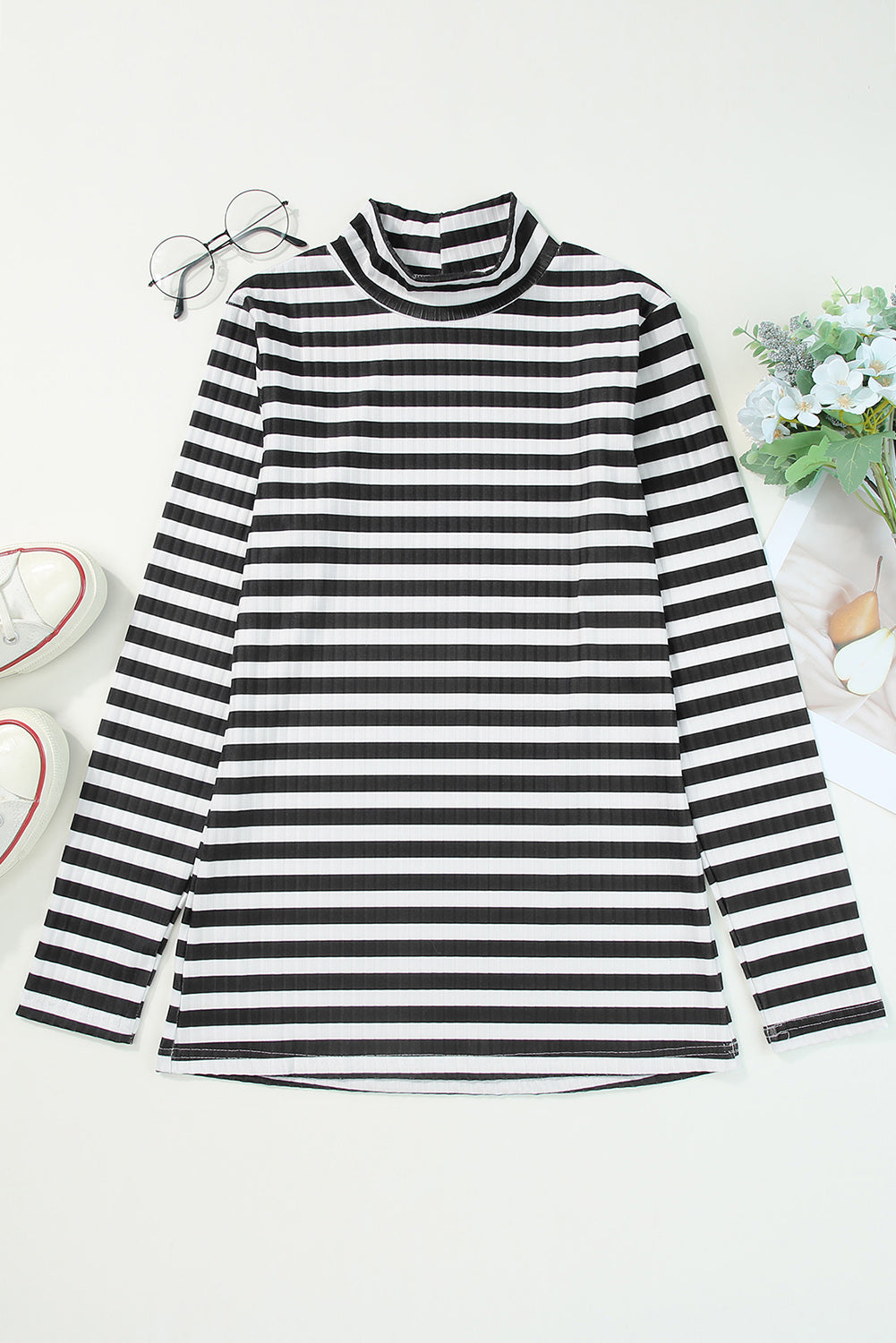 Black Striped Print Textured Knit Long Sleeve Tee