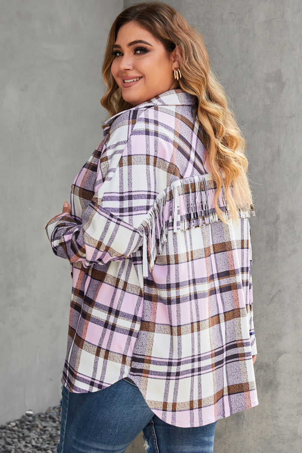 Pink Plus Size Plaid Fringed Back Button Shacket