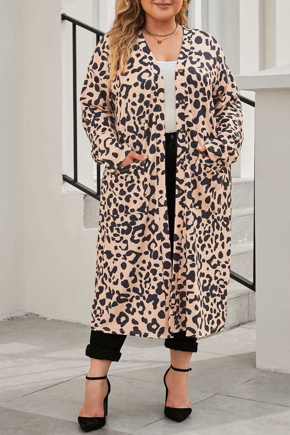 Leopard Plus Size Open Front Pocketed Long Cardigan