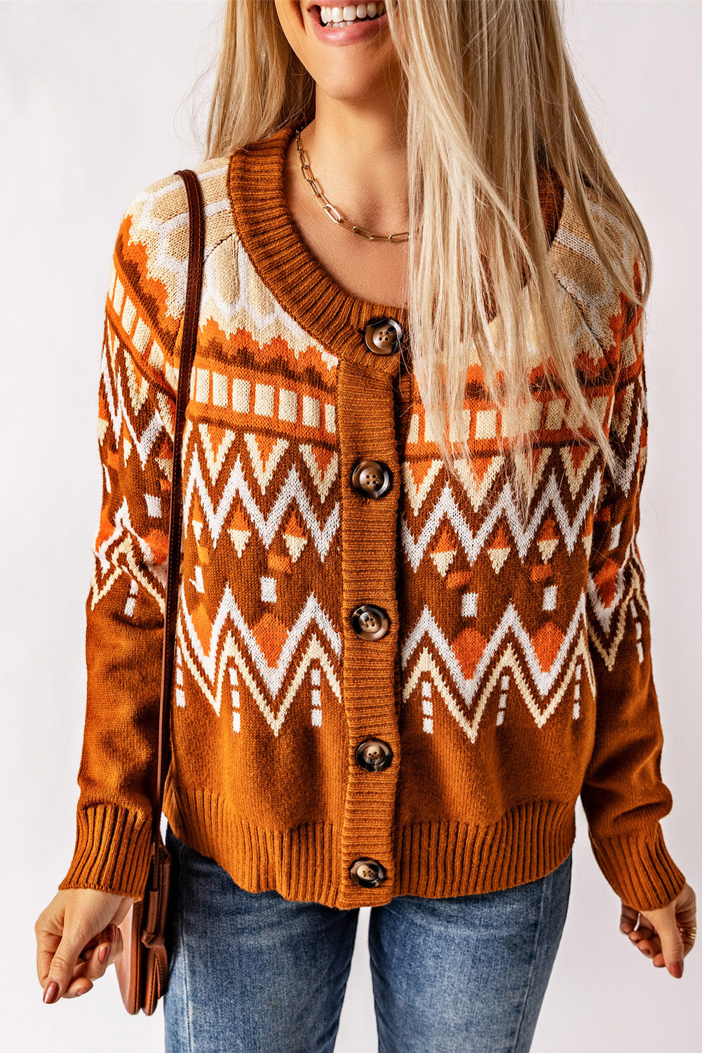 Brown Geometric Pattern Buttoned Knit Cardigan