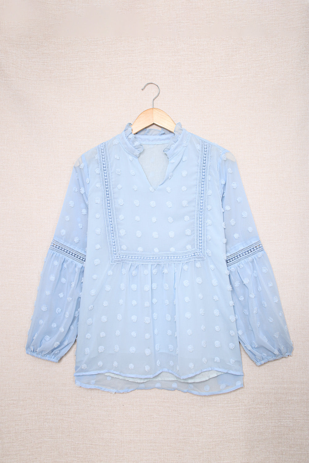 Blue Ruffled Split Neck Lace Hollow Out Puff Sleeve Polka Dot Blouse