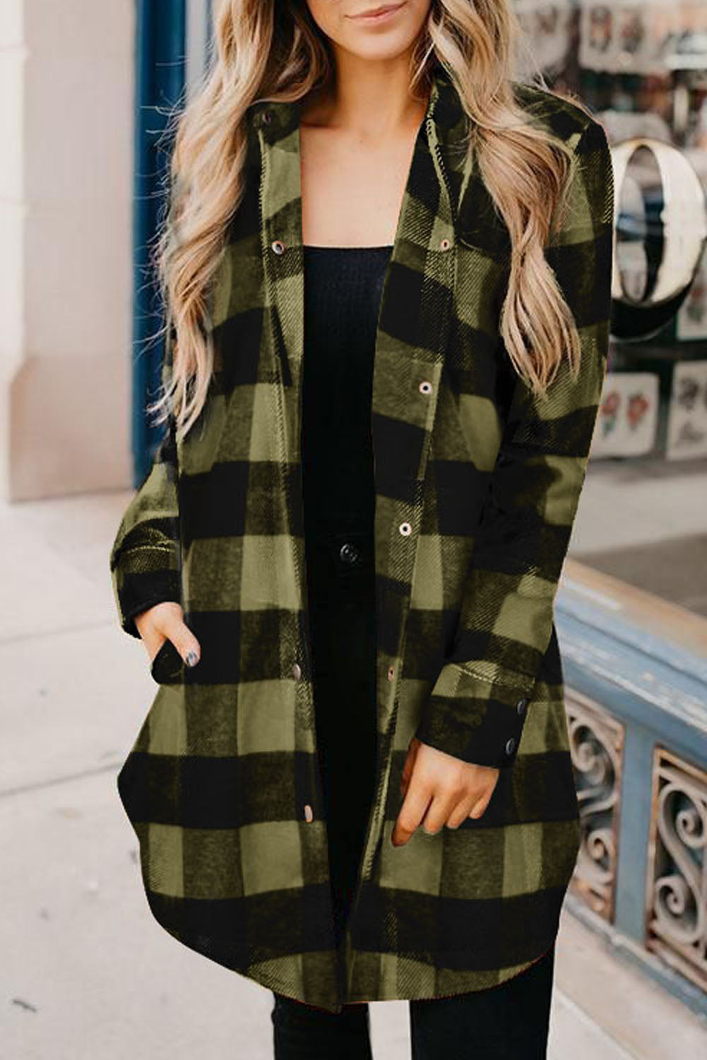 Green Turn-down Collar Plaid Shirt Coat