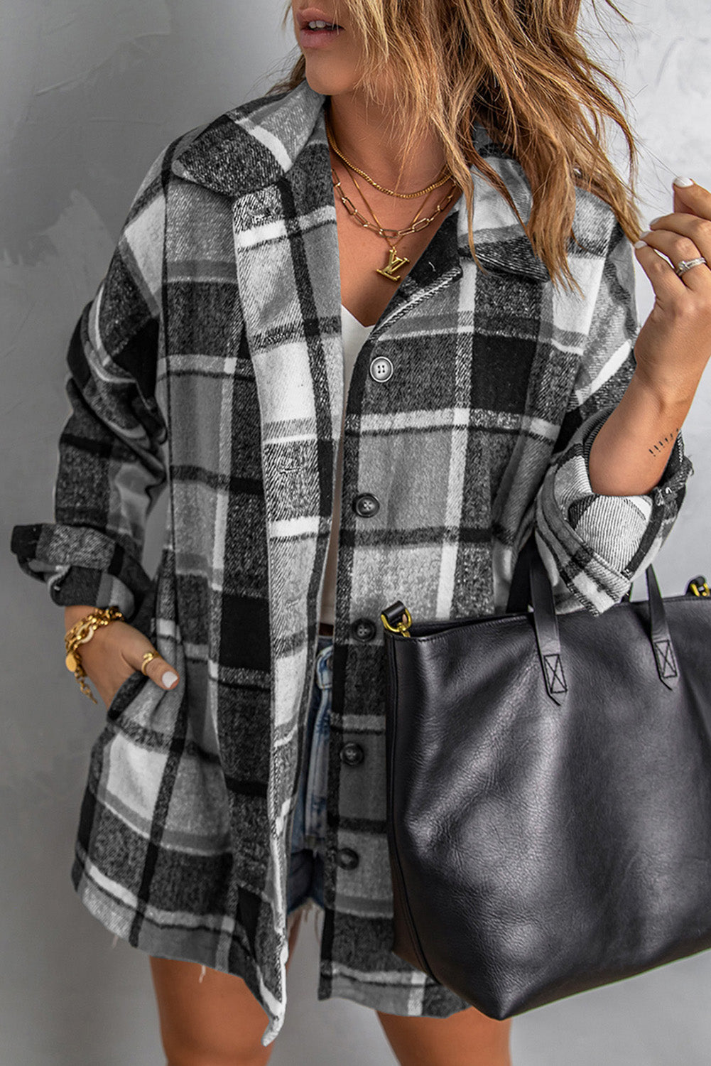 Gray Plaid Print Buttoned Shirt Jacket