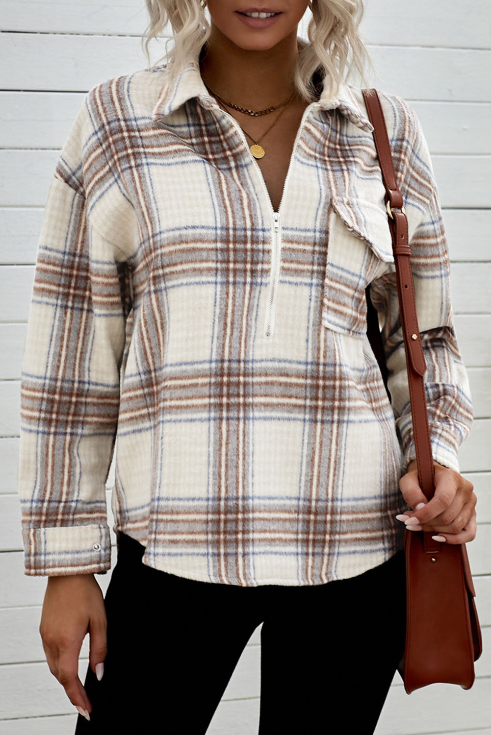 Chest Pocket Plaid Half Zip Sweatshirt