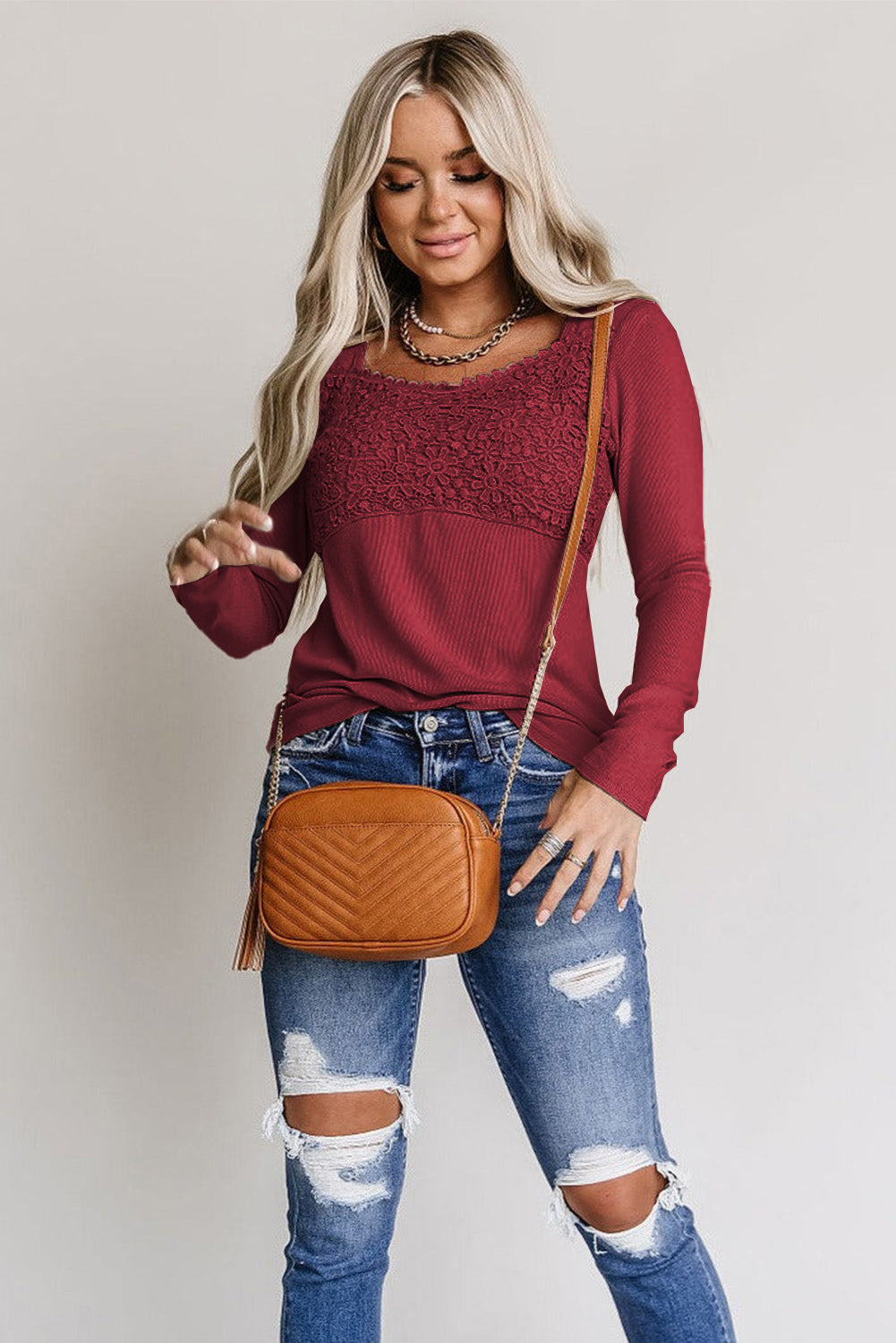 Fiery Red Lace Crochet V Neck Long Sleeve Top