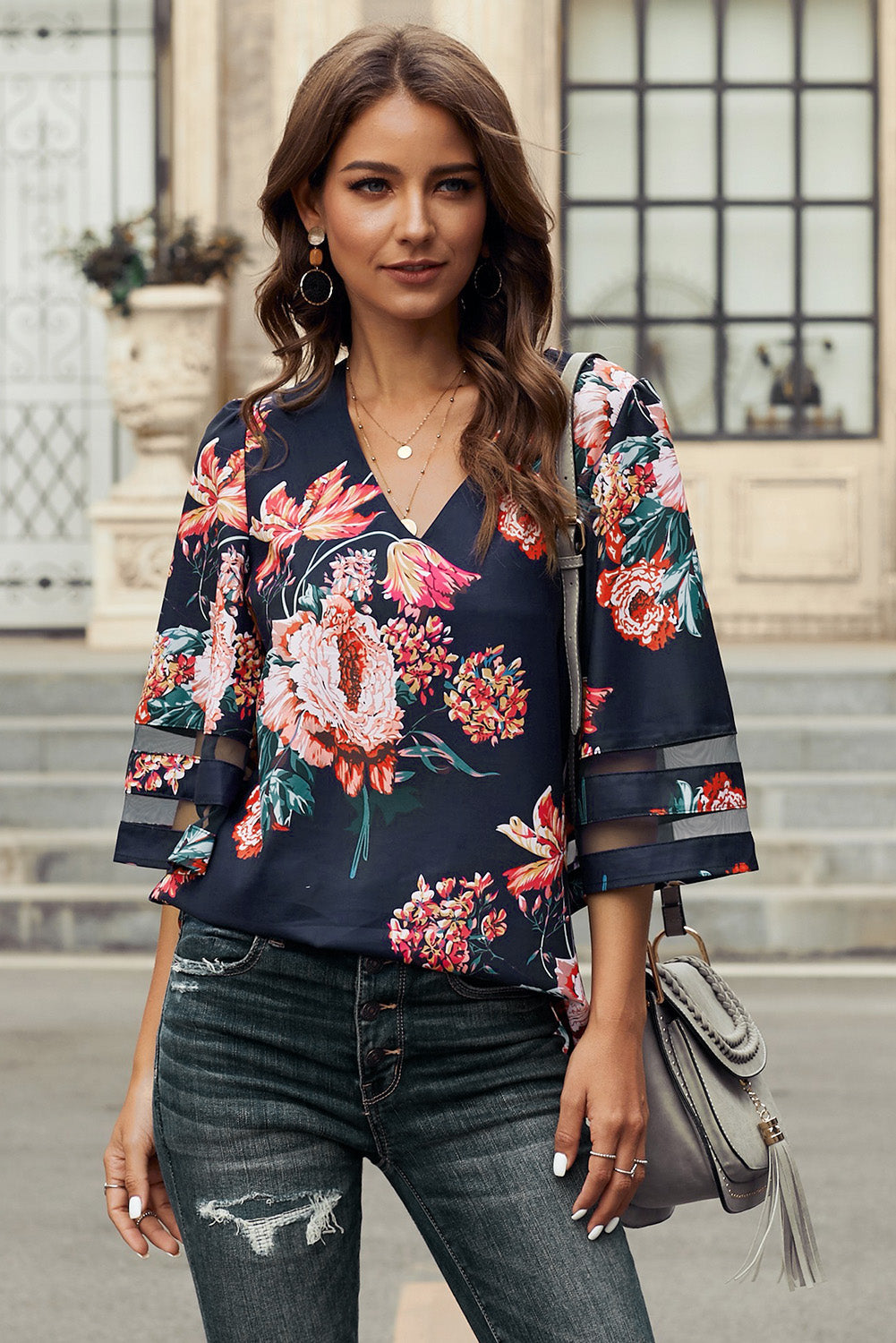 Fiery Red 3/4 Flared Sleeve Floral Blouse