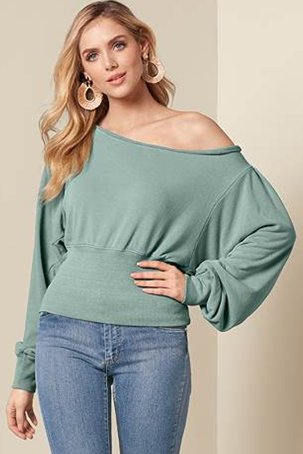 Green Off Shoulder Bishop Sleeve Cinched Waist Blouse