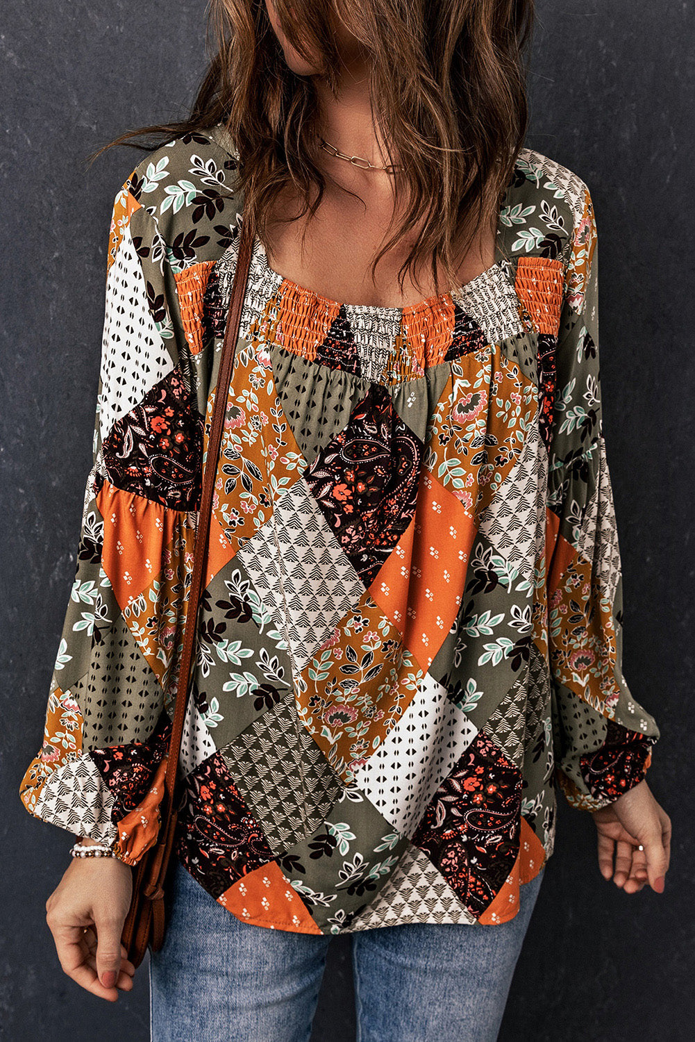 Green Square Neck Mixed Print Blouse