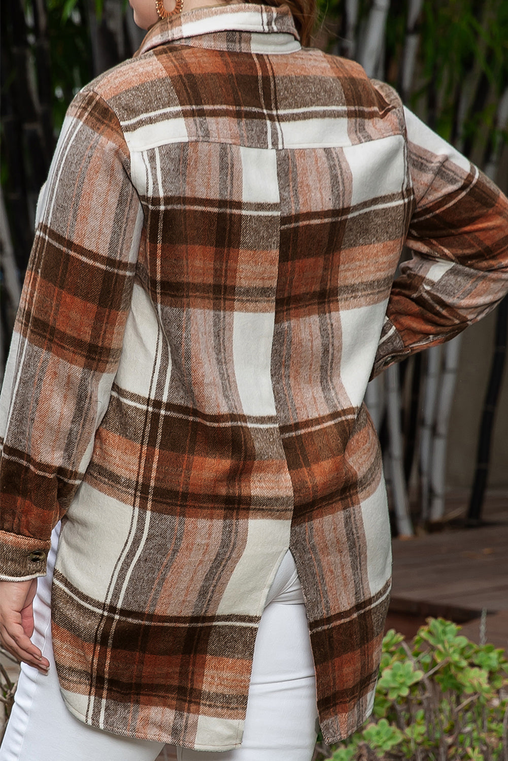 Brown Plus Size Plaid Flap Pockets Shacket