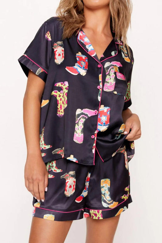 Black Western Boots Printed Short Pajama Set