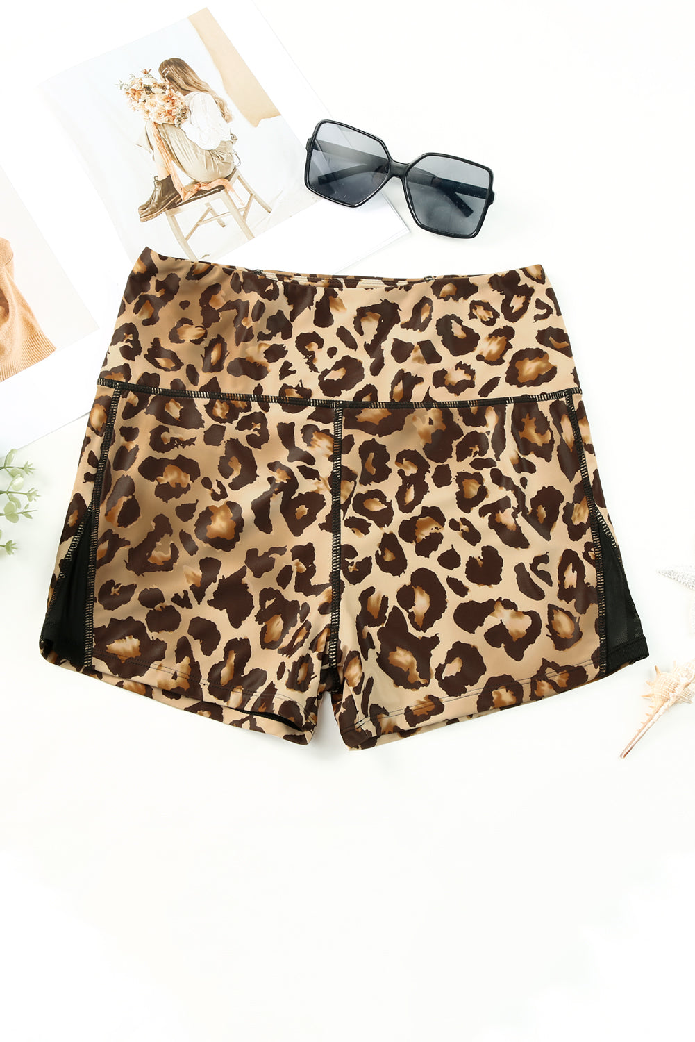 Leopard Mesh Cutout Patchwork Swim Shorts