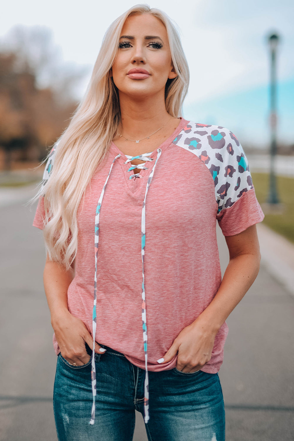 Pink Lace up Leopard Sleeve T Shirt