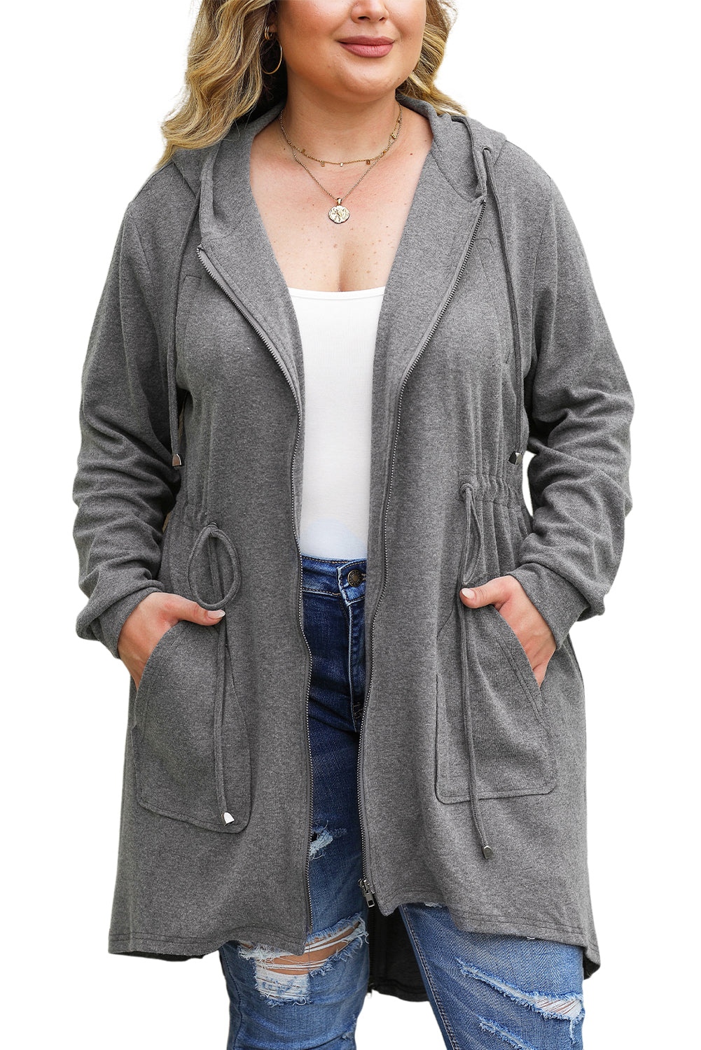 Gray Plus Size Drawstring High Low Hooded Jacket