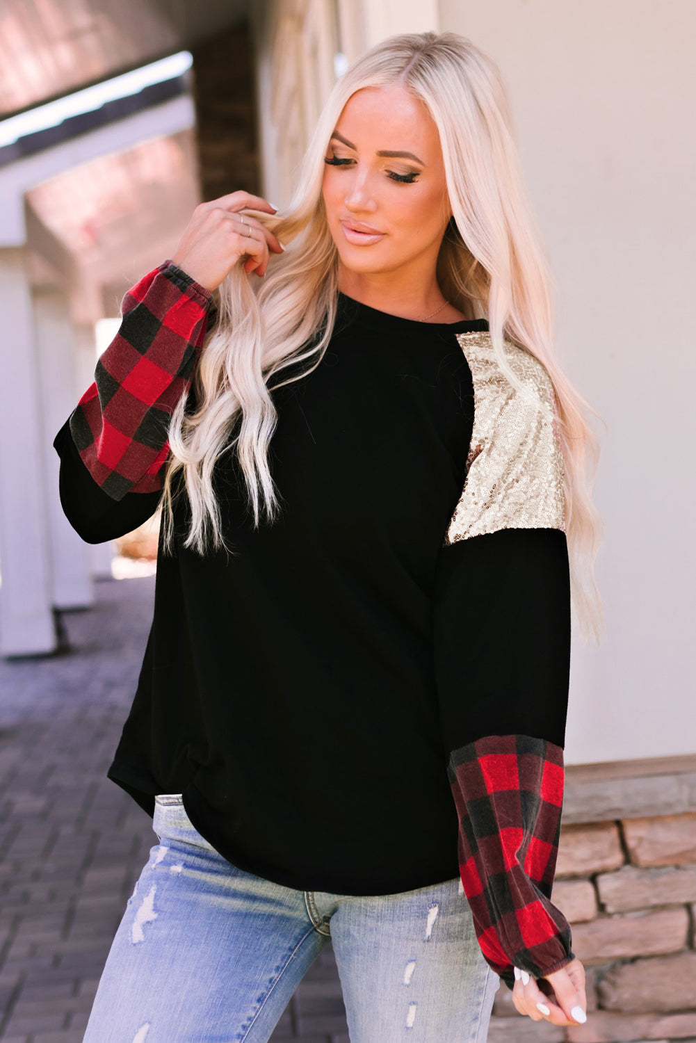 Black Crewneck Lantern Sleeve Plaid Sequin Splicing Blouse