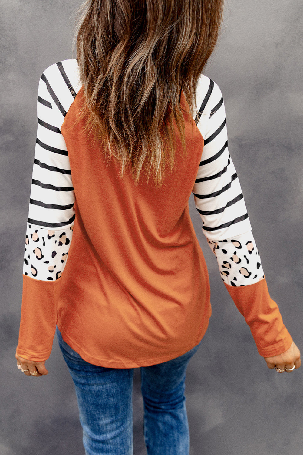 Orange Striped Animal Print Colorblock Long Sleeve Top