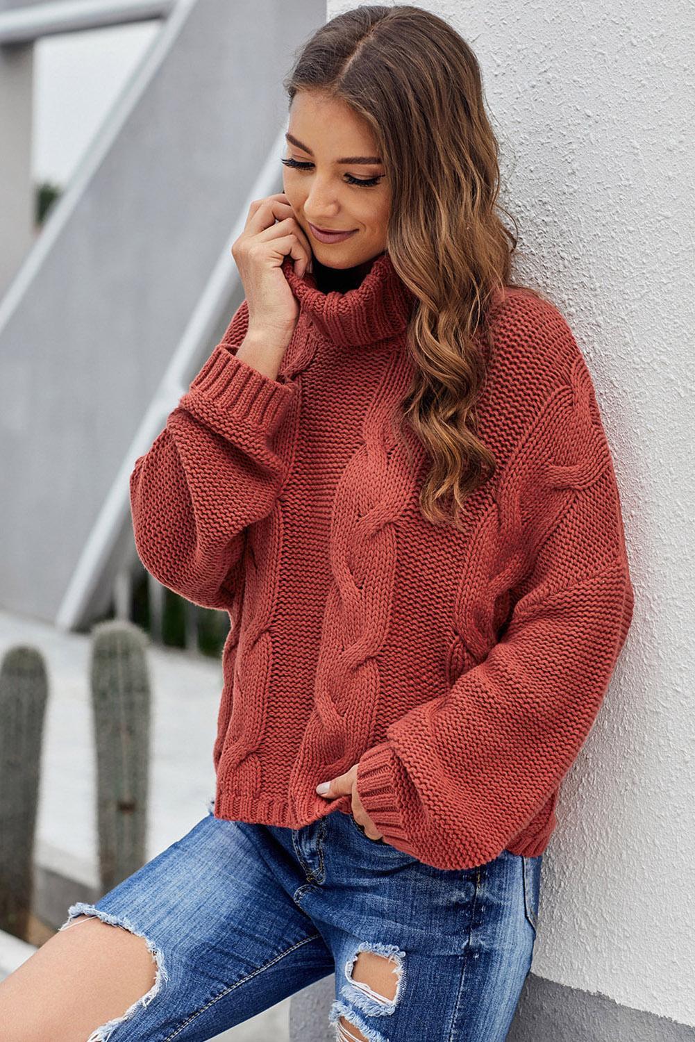 Fiery Red Cuddle Weather Cable Knit Handmade Turtleneck Sweater