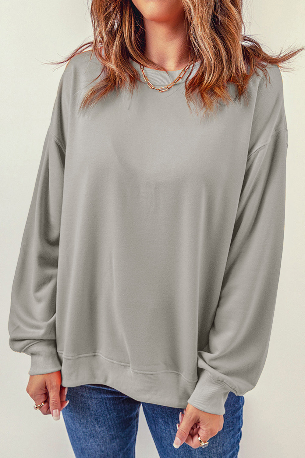 Gray Plain Crew Neck Pullover Sweatshirt