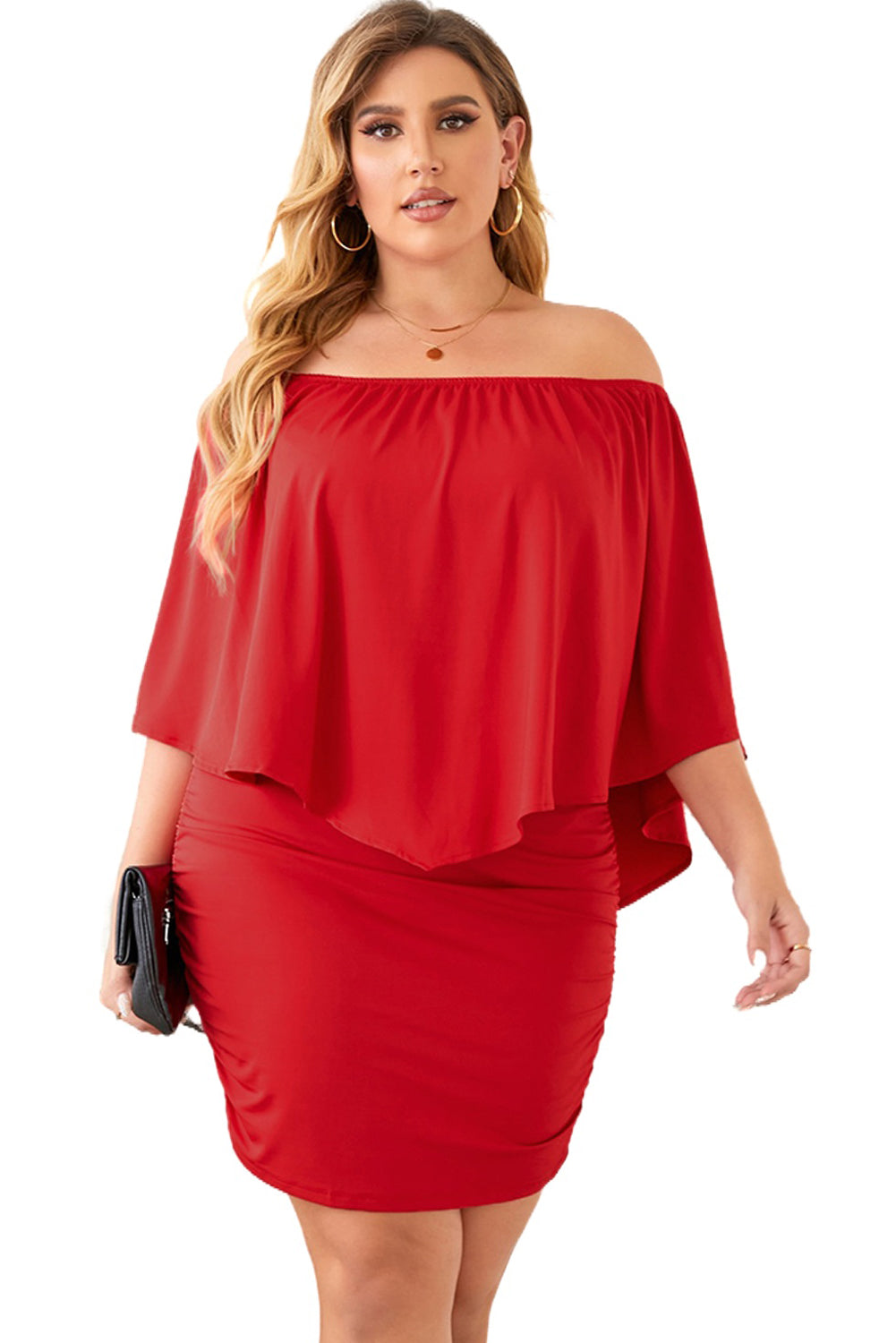 Plus size  Dressing Layered Fiery Red Mini Poncho Dress