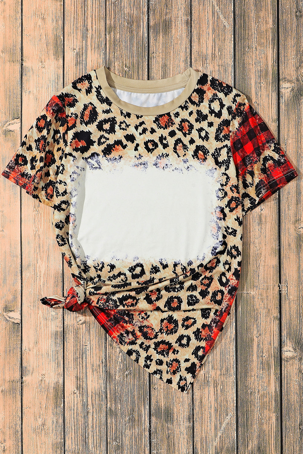 Plaid Bleached Leopard Print Short Sleeve T Shirt