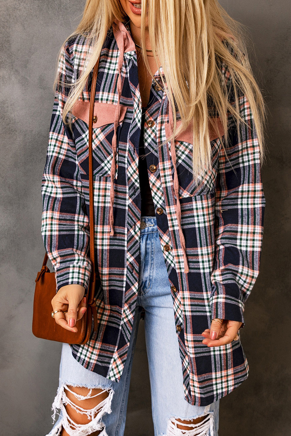 Pink Contrast Hooded Drawstring Plaid Shacket