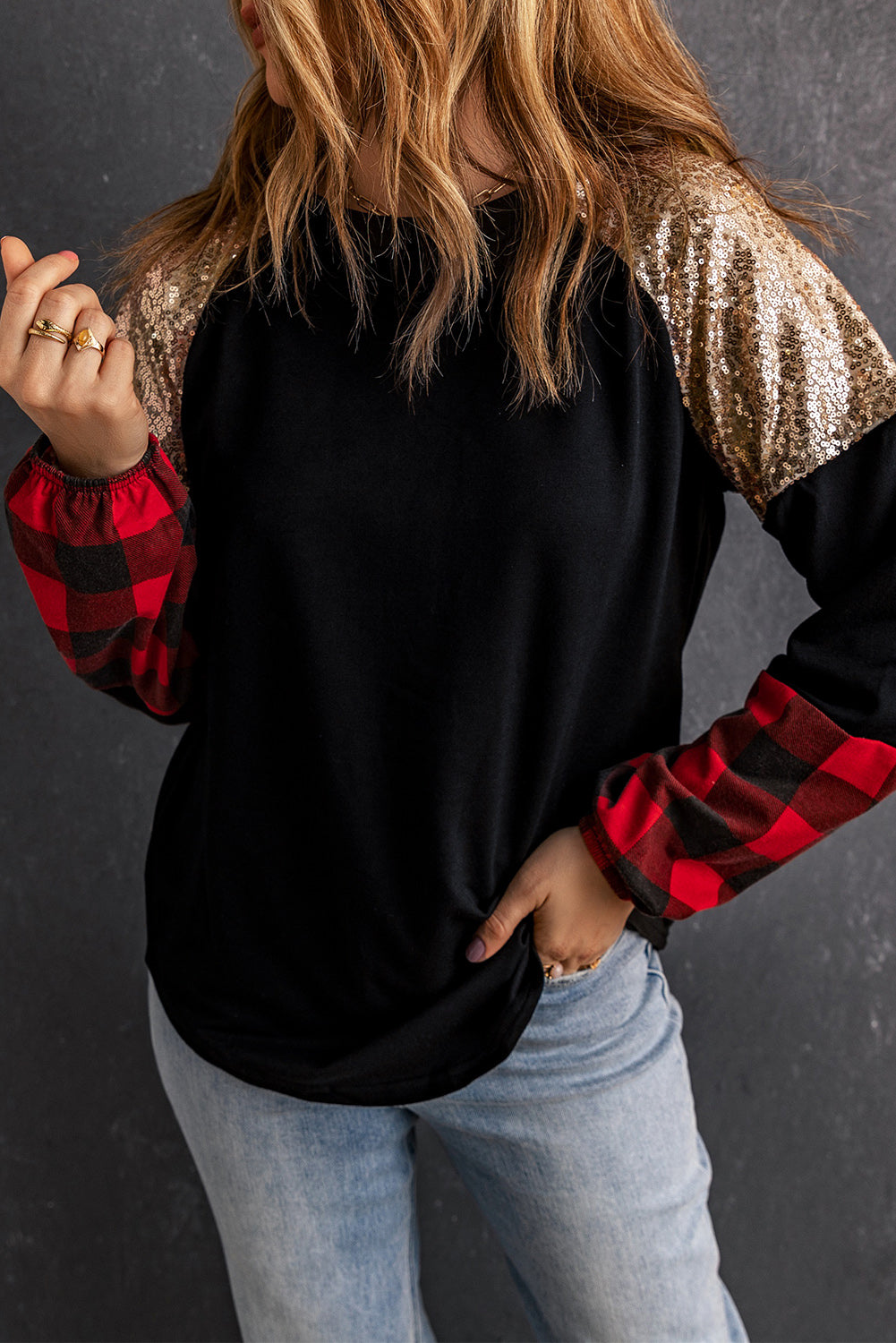 Black Crewneck Lantern Sleeve Plaid Sequin Splicing Blouse