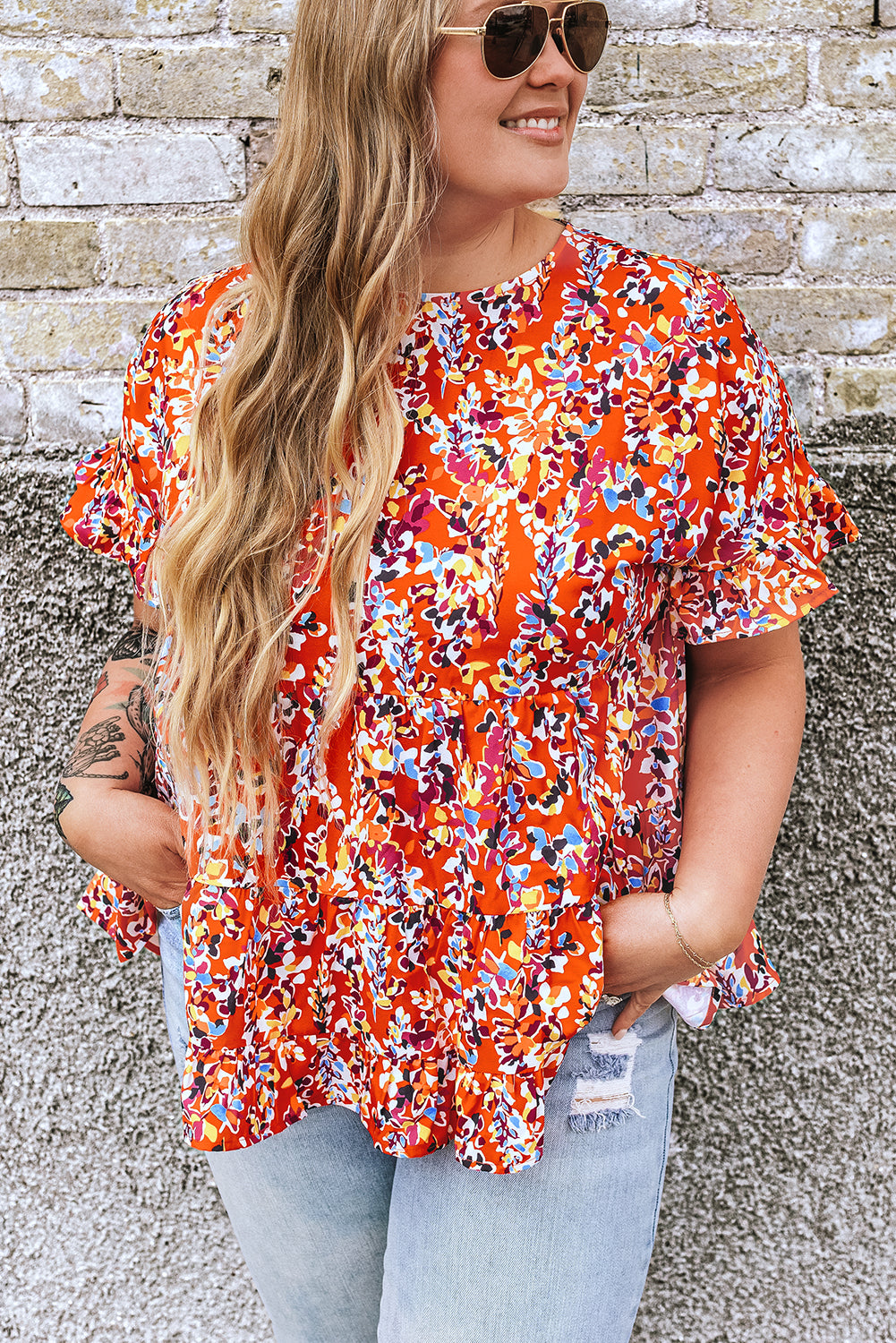 Orange Floral Printed Ruffle Sleeve Curvy Babydoll Blouse