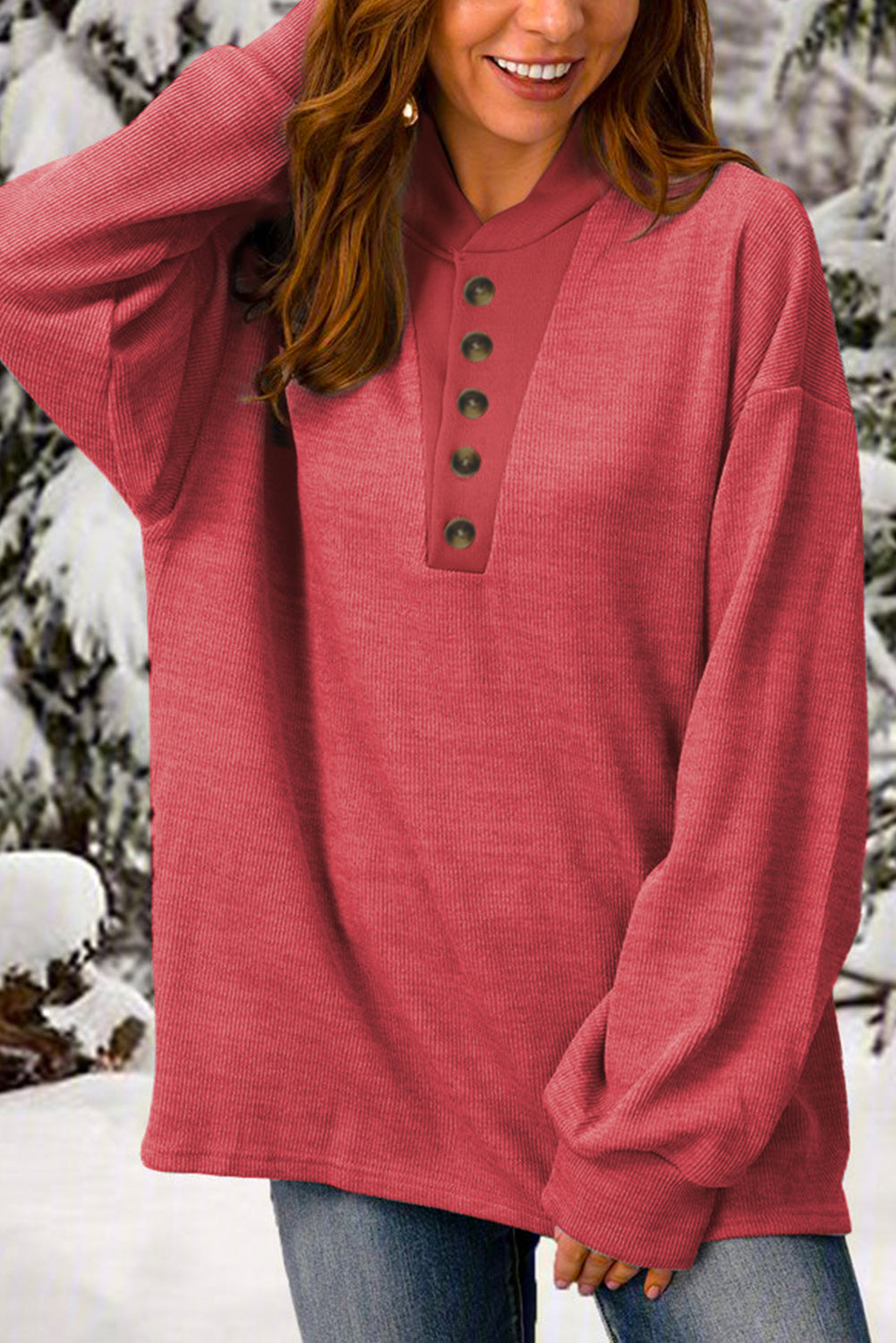 Fiery Red Plain Buttoned Henley Sweatshirt