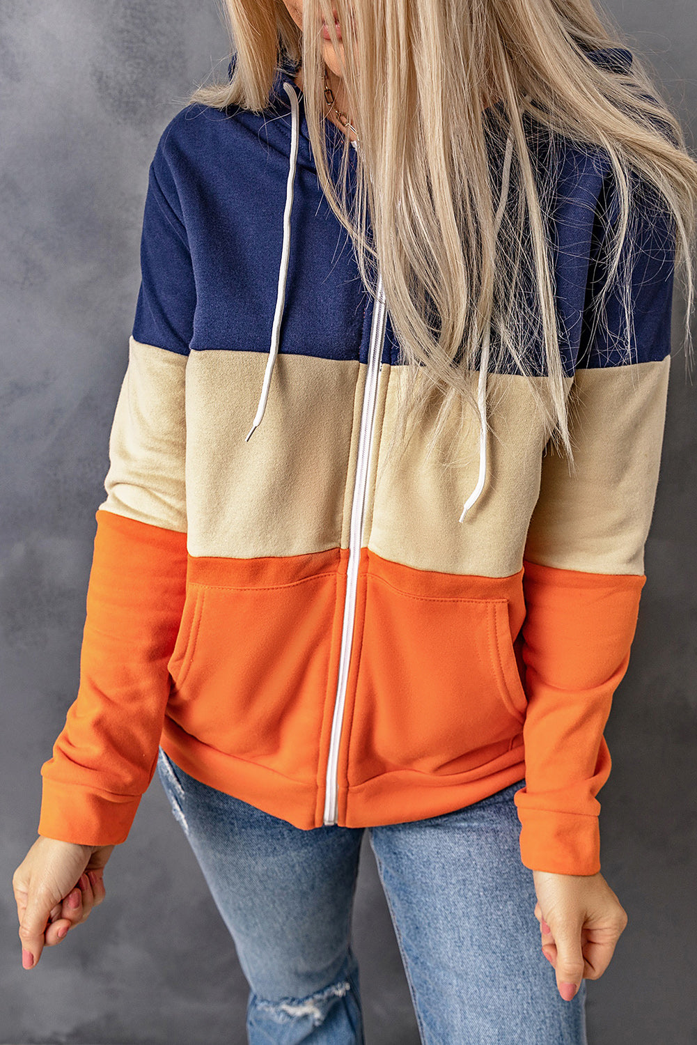 Orange Zip Front Color Block Splicing Drawstring Hoodie